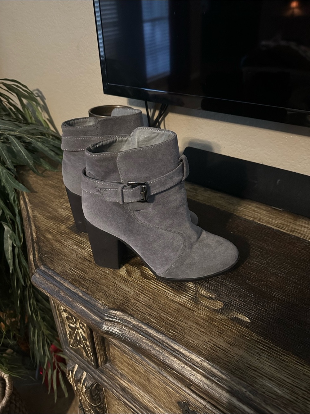 Gray Suede Ankle Booties with Buckle Strap